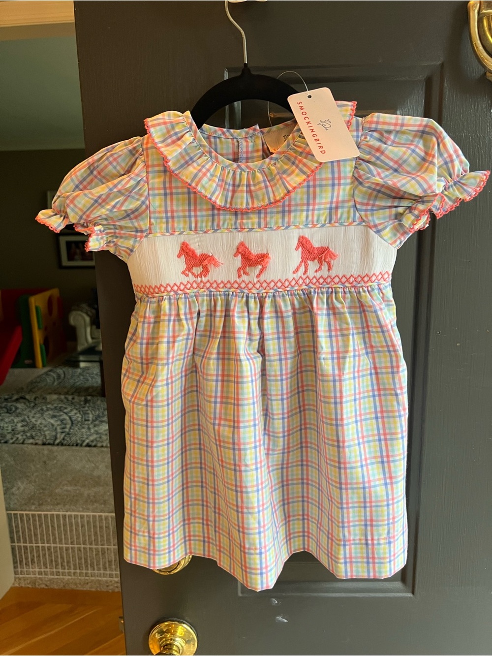Smockingbird Smocked Pastel Plaid Dress with Pink Horse Embroidery - 2T. NWT
